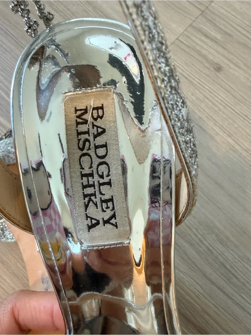 Badgley Mischka Silver Glitter Crystal-Embellished Slingback Heels